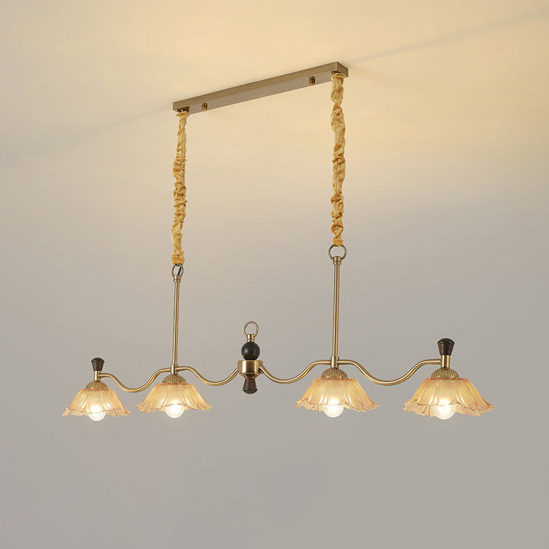 French Flower Iron Wood Glass Island Chandelier