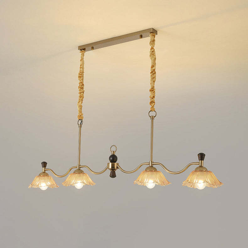 French Flower Iron Wood Glass Island Chandelier