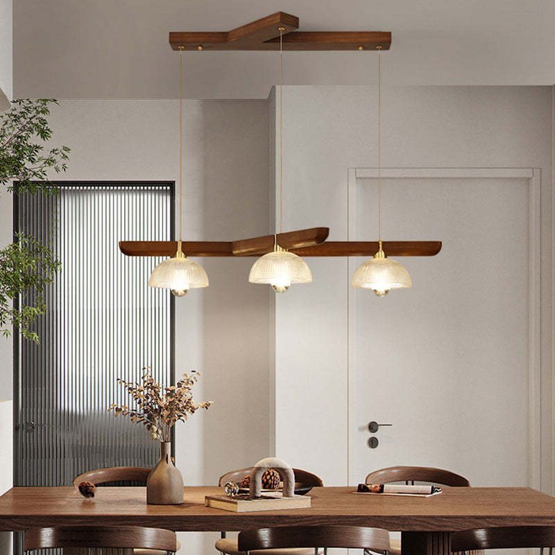 Japanese Semicircle Solid Wood Glass Chandelier — Walnut Color / 110V-120V For US/CA