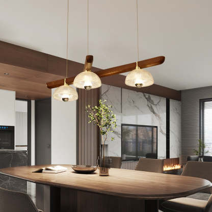 Japanese Semicircle Solid Wood Glass Chandelier — Wood Color / 110V-120V For US/CA