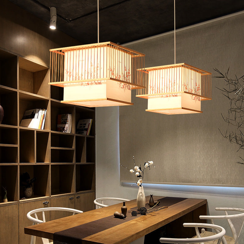 Japanese Square Embroidery Bamboo Chandelier — 110V-120V For US/CA