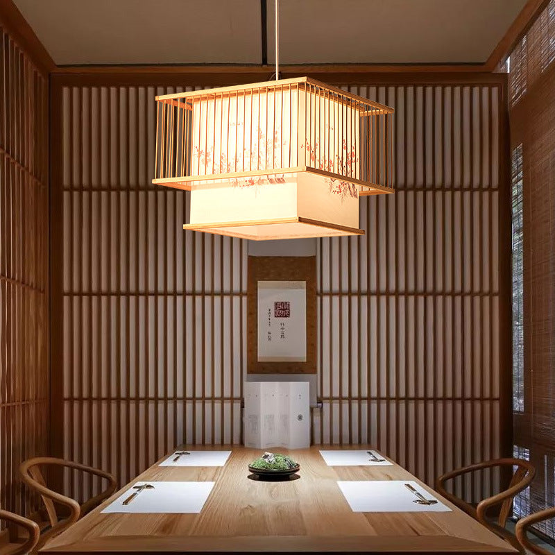 Japanese Square Embroidery Bamboo Chandelier — 220V-240V For UK/AU
