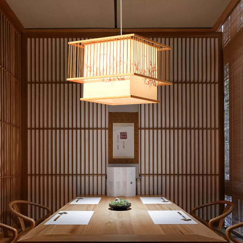 Japanese Square Embroidery Bamboo Chandelier — 220V-240V For UK/AU