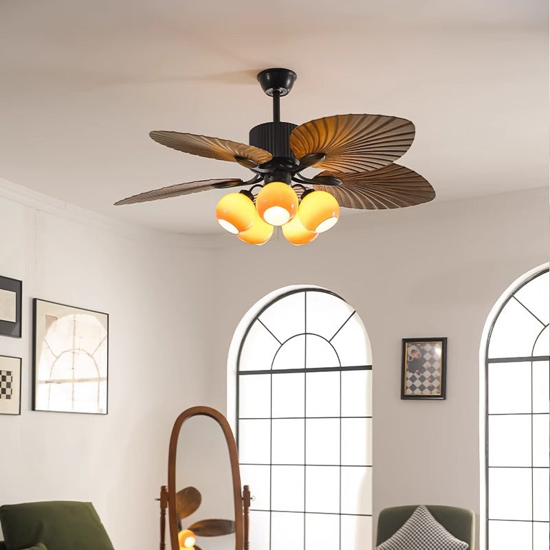 French Banana Leaves Glass Ceiling Fan Light