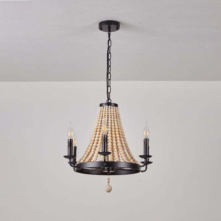 Traditional Rustic Dome Wooden Bead Iron Chandelier