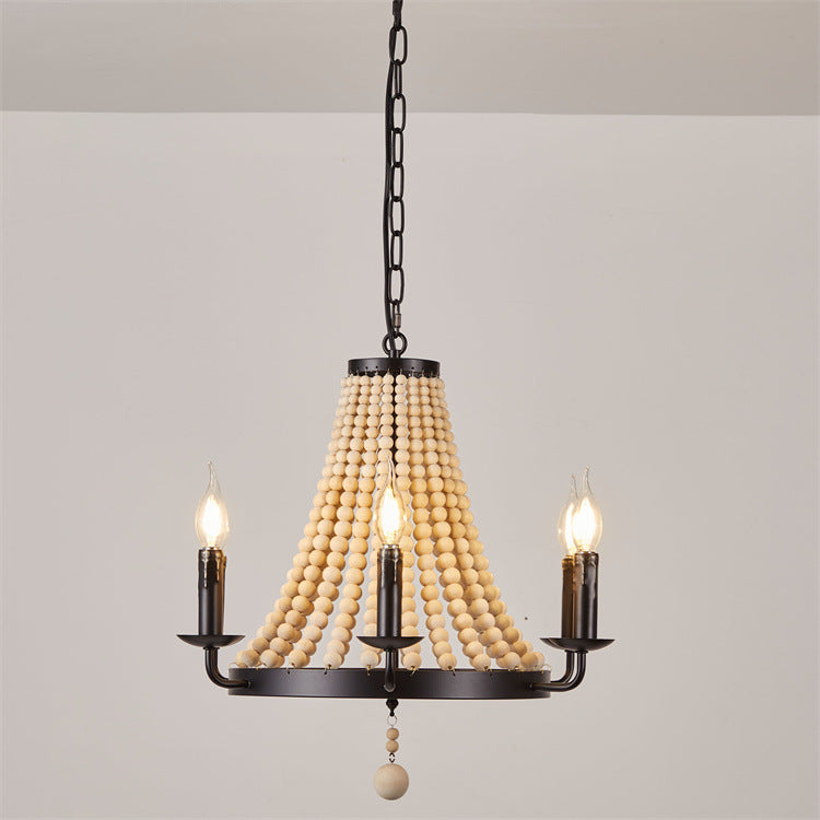 Traditional Rustic Dome Wooden Bead Iron Chandelier