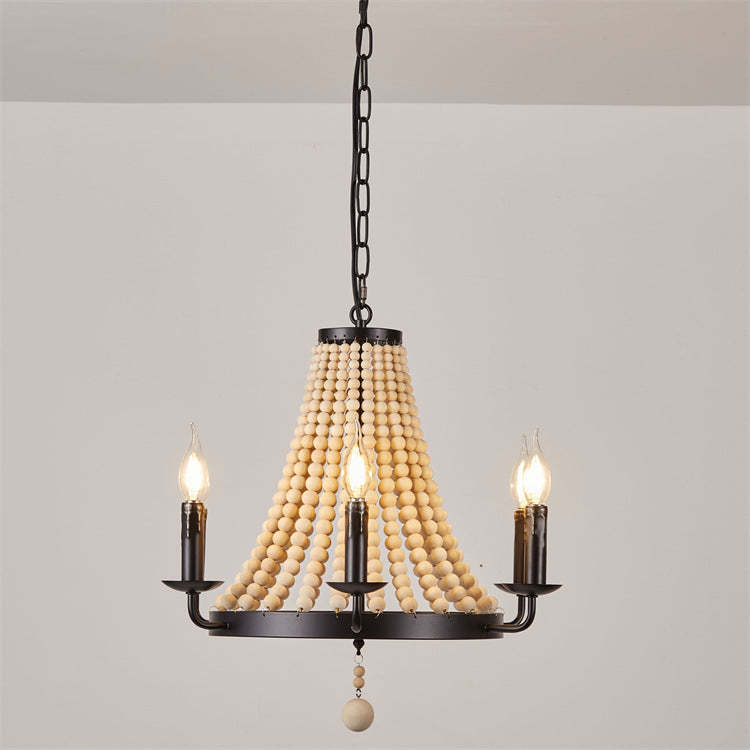 Traditional Rustic Dome Wooden Bead Iron Chandelier
