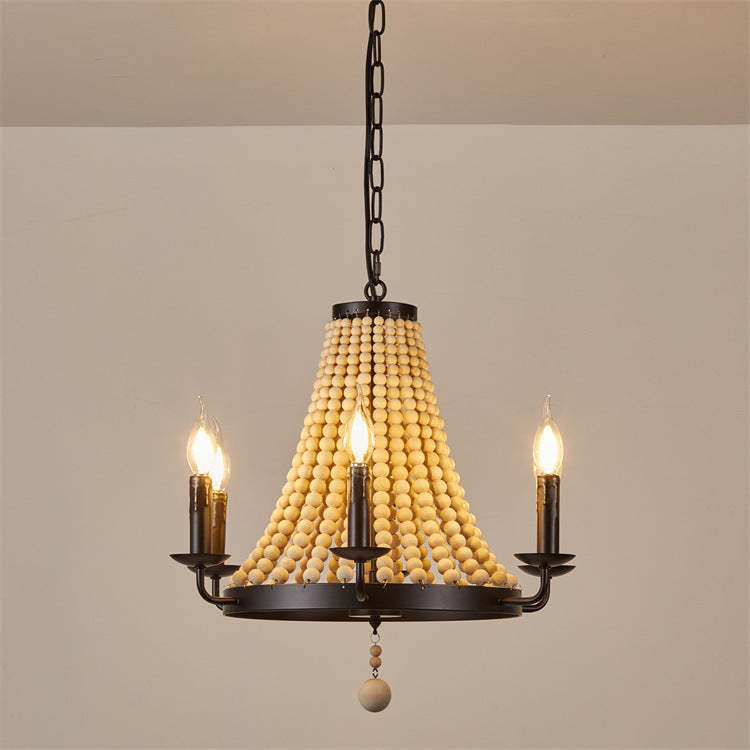 Traditional Rustic Dome Wooden Bead Iron Chandelier — 220V-240V For UK/AU