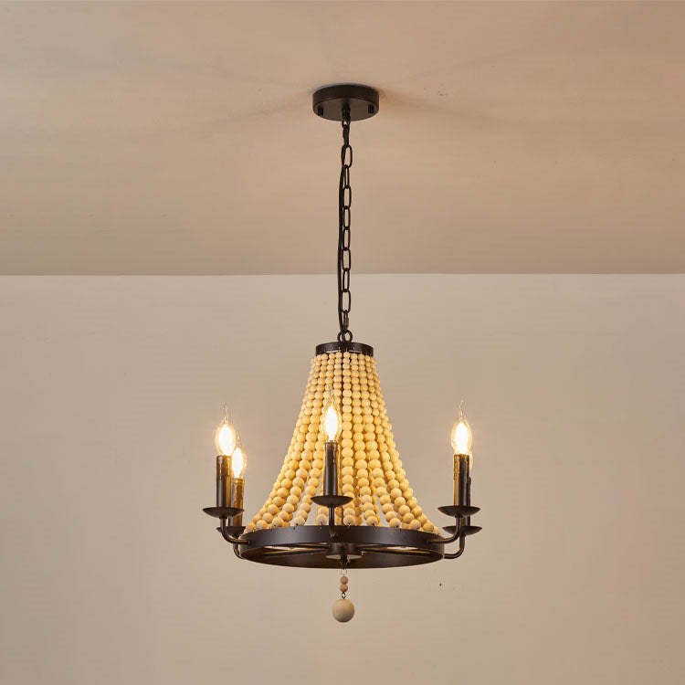 Traditional Rustic Dome Wooden Bead Iron Chandelier