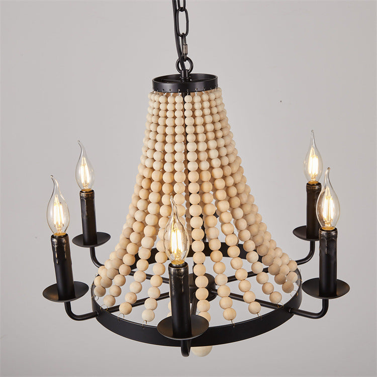 Traditional Rustic Dome Wooden Bead Iron Chandelier