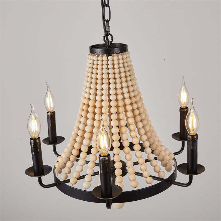 Traditional Rustic Dome Wooden Bead Iron Chandelier