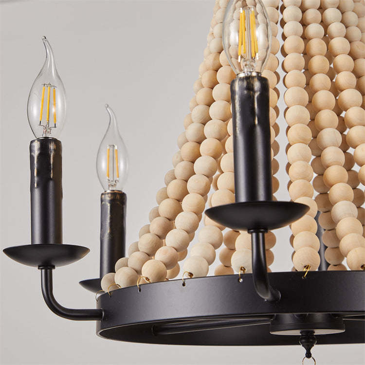 Traditional Rustic Dome Wooden Bead Iron Chandelier