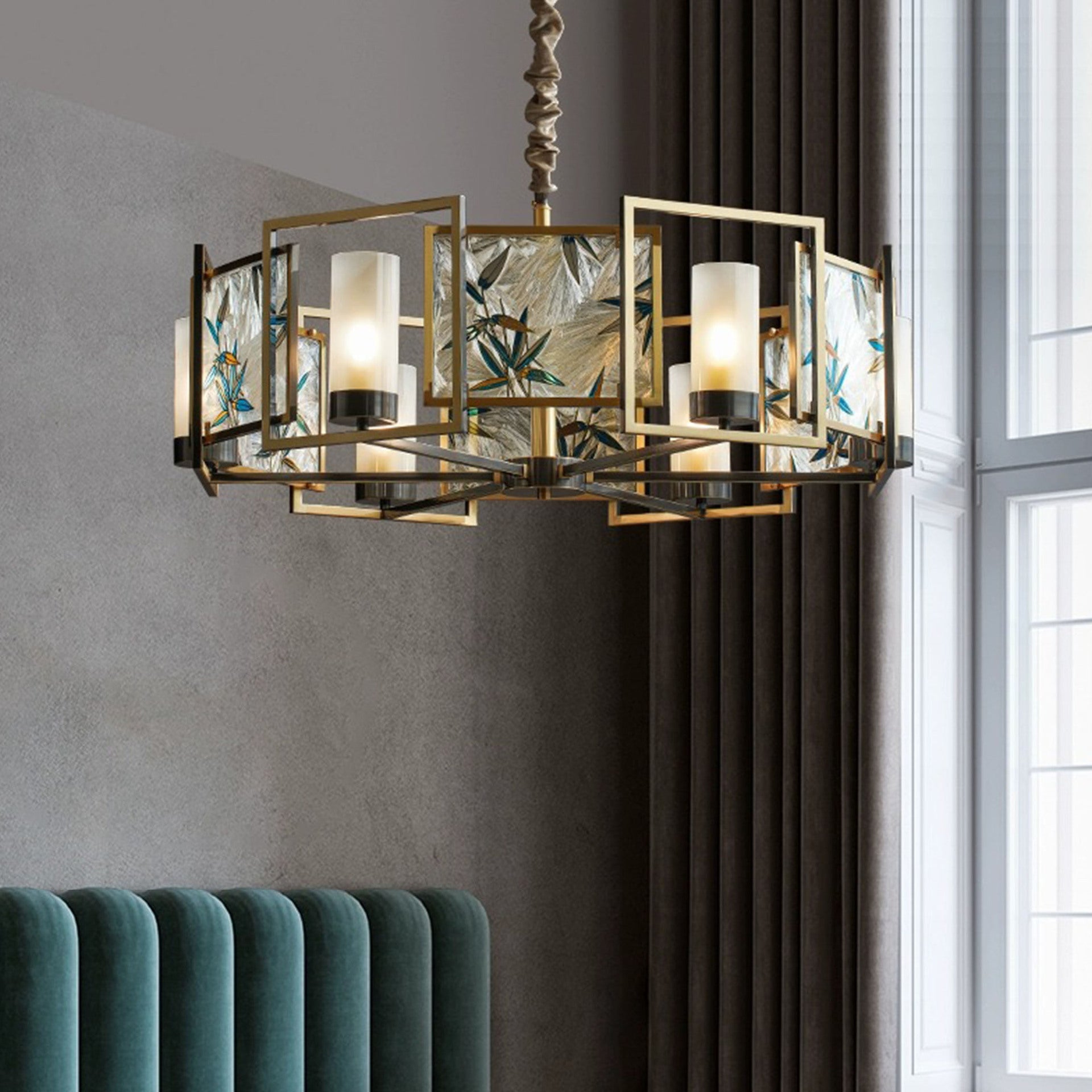 Chinese Dome Enamel Iron Copper Glass Chandelier