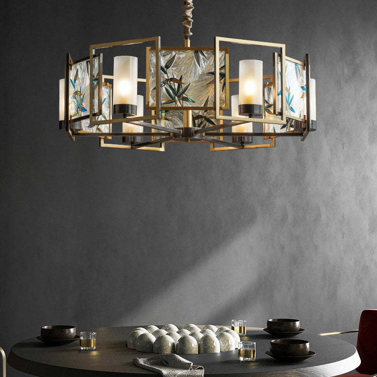 Chinese Dome Enamel Iron Copper Glass Chandelier