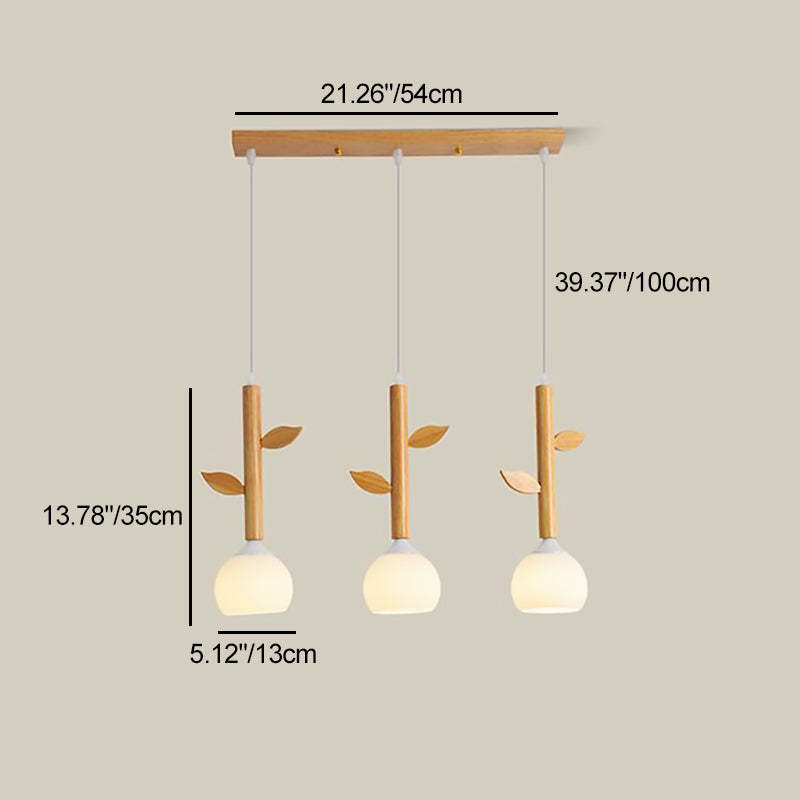 Japanese Branches Leaves Rubber Wood Glass Iron Chandelier — Walnut Color / 220V-240V For UK/AU