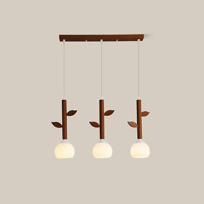 Japanese Branches Leaves Rubber Wood Glass Iron Chandelier