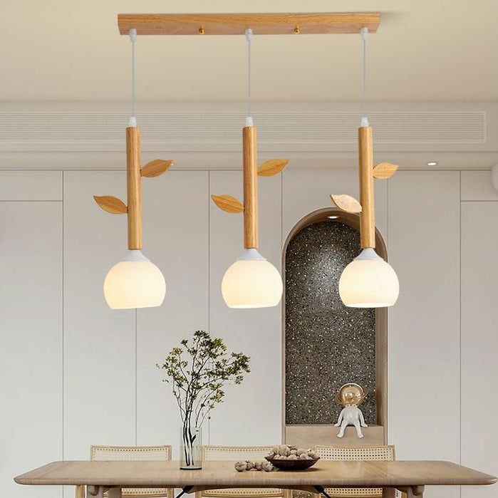 Japanese Branches Leaves Rubber Wood Glass Iron Chandelier — Wood Color / 110V-120V For US/CA