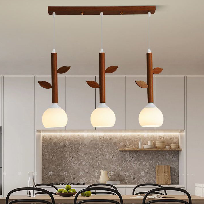 Japanese Branches Leaves Rubber Wood Glass Iron Chandelier
