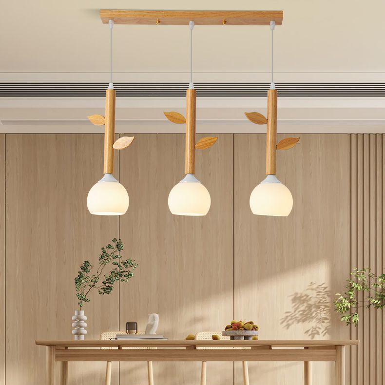 Japanese Branches Leaves Rubber Wood Glass Iron Chandelier