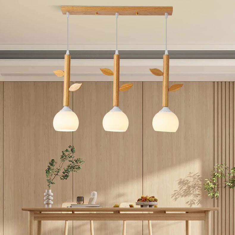 Japanese Branches Leaves Rubber Wood Glass Iron Chandelier