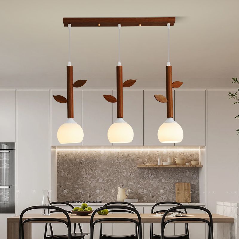 Japanese Branches Leaves Rubber Wood Glass Iron Chandelier