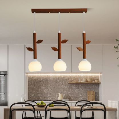 Japanese Branches Leaves Rubber Wood Glass Iron Chandelier