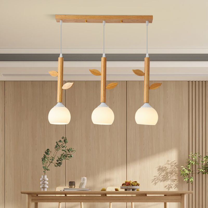 Japanese Branches Leaves Rubber Wood Glass Iron Chandelier