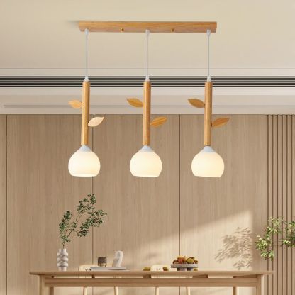 Japanese Branches Leaves Rubber Wood Glass Iron Chandelier