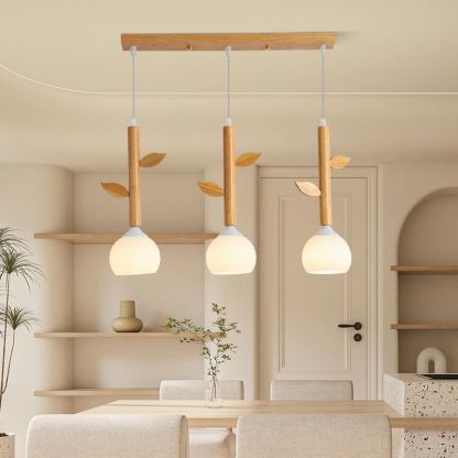 Japanese Branches Leaves Rubber Wood Glass Iron Chandelier — Walnut Color / 110V-120V For US/CA