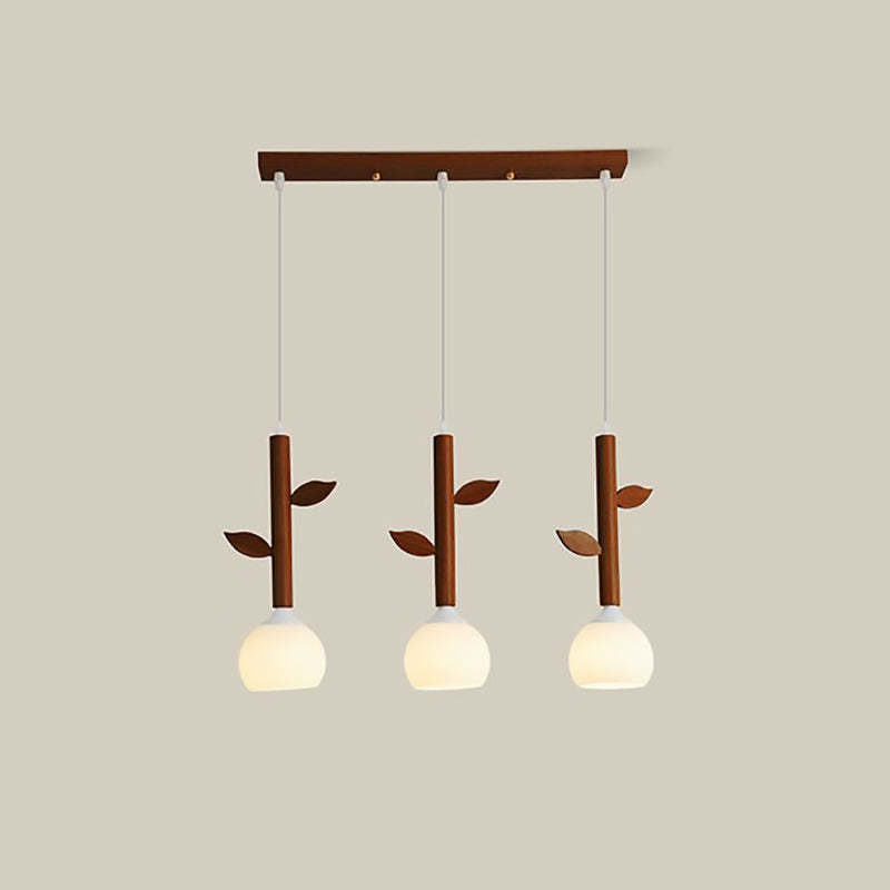 Japanese Branches Leaves Rubber Wood Glass Iron Chandelier