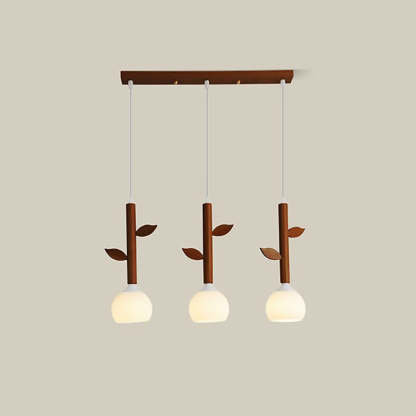 Japanese Branches Leaves Rubber Wood Glass Iron Chandelier