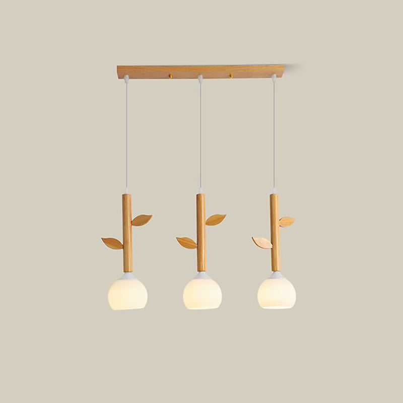 Japanese Branches Leaves Rubber Wood Glass Iron Chandelier