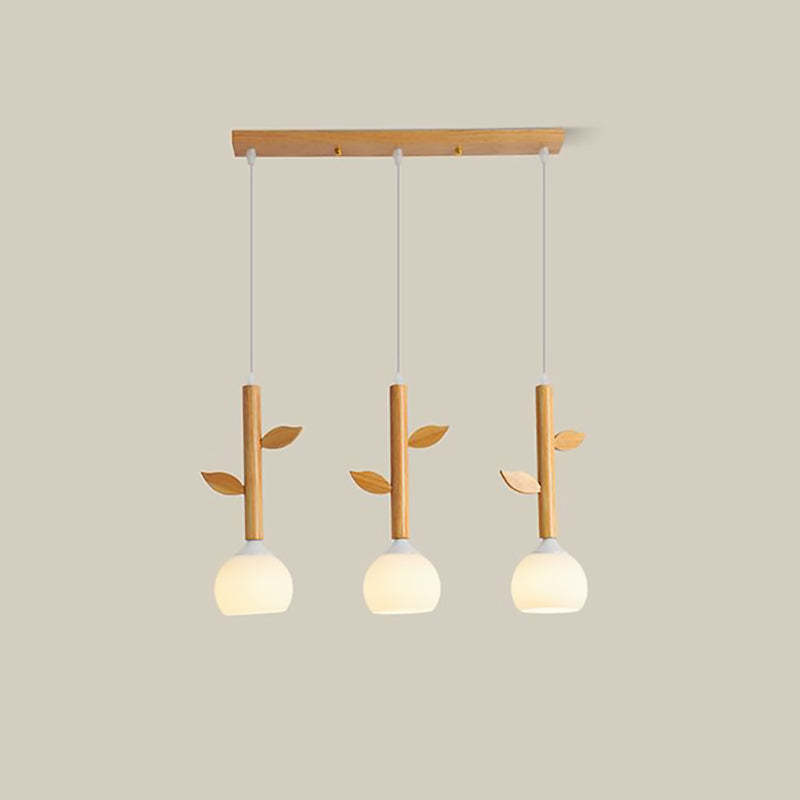 Japanese Branches Leaves Rubber Wood Glass Iron Chandelier