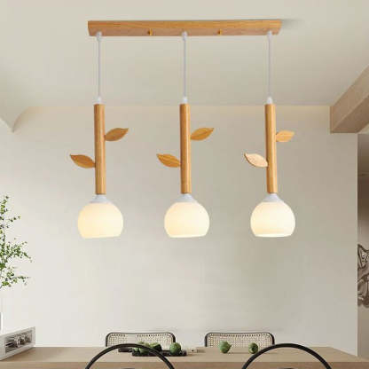 Japanese Branches Leaves Rubber Wood Glass Iron Chandelier