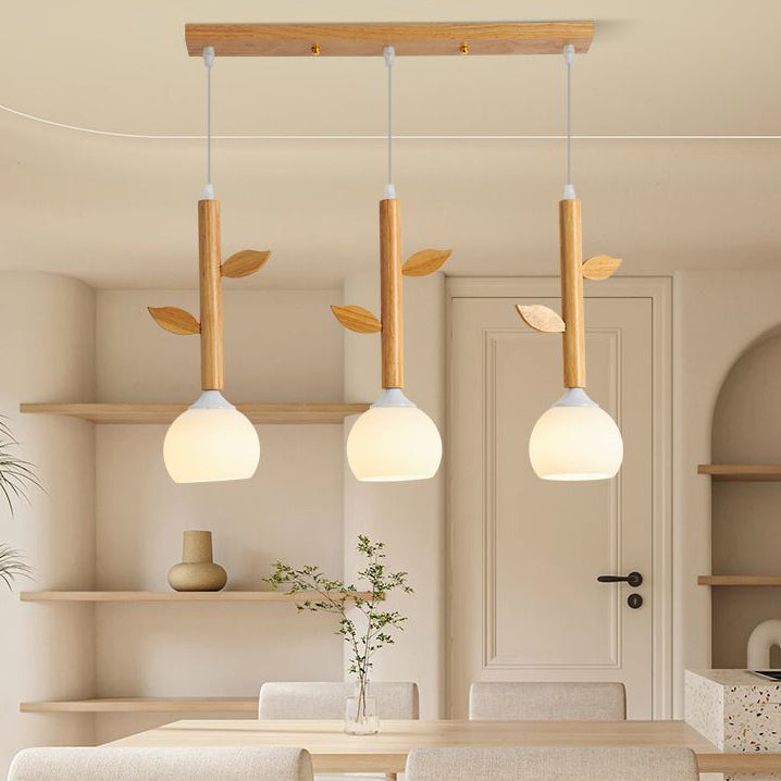 Japanese Branches Leaves Rubber Wood Glass Iron Chandelier