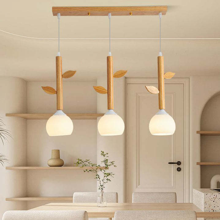 Japanese Branches Leaves Rubber Wood Glass Iron Chandelier