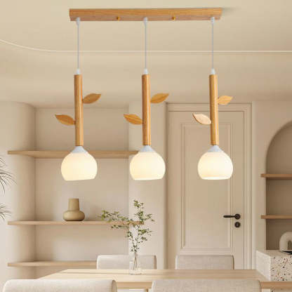 Japanese Branches Leaves Rubber Wood Glass Iron Chandelier