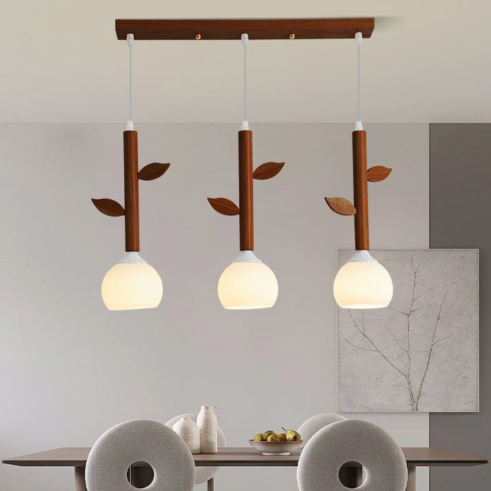 Japanese Branches Leaves Rubber Wood Glass Iron Chandelier