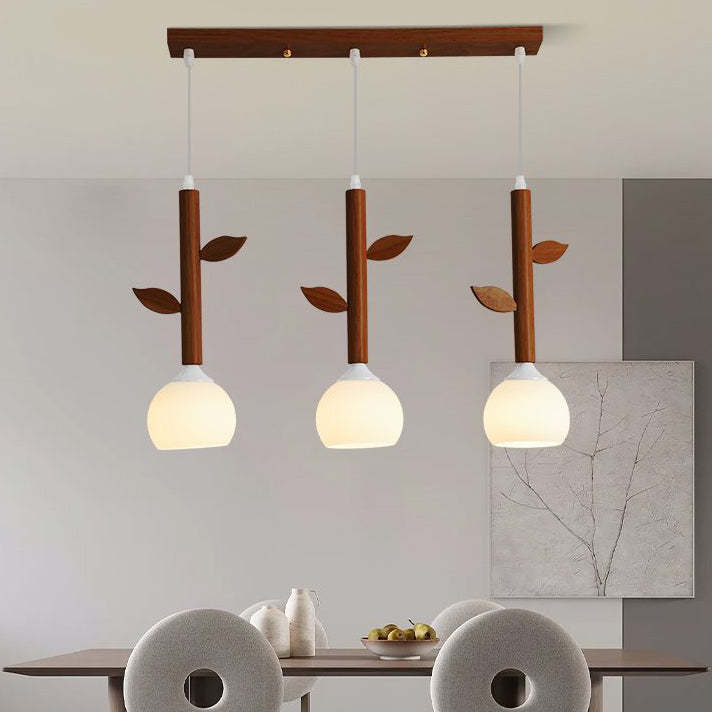 Japanese Branches Leaves Rubber Wood Glass Iron Chandelier