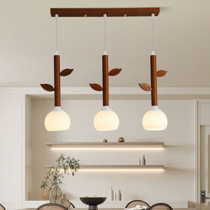 Japanese Branches Leaves Rubber Wood Glass Iron Chandelier — Wood Color / 220V-240V For UK/AU