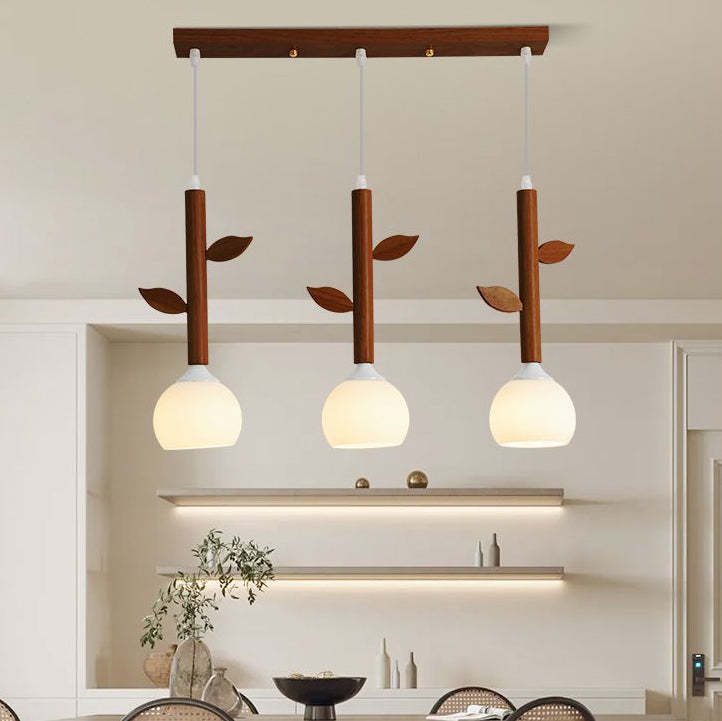 Japanese Branches Leaves Rubber Wood Glass Iron Chandelier