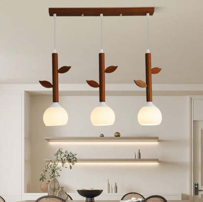 Japanese Branches Leaves Rubber Wood Glass Iron Chandelier — Wood Color / 220V-240V For UK/AU