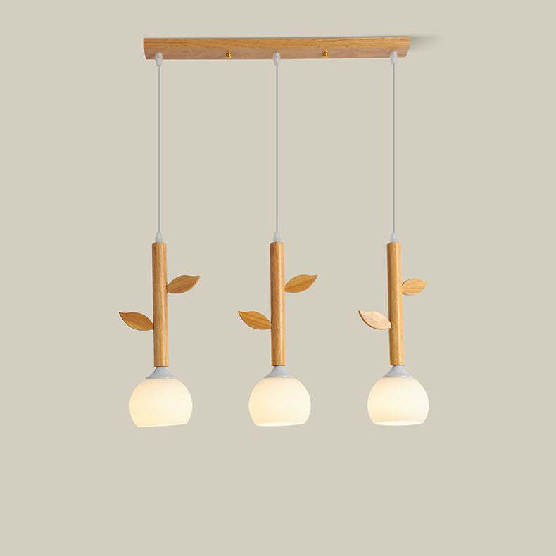 Japanese Branches Leaves Rubber Wood Glass Iron Chandelier
