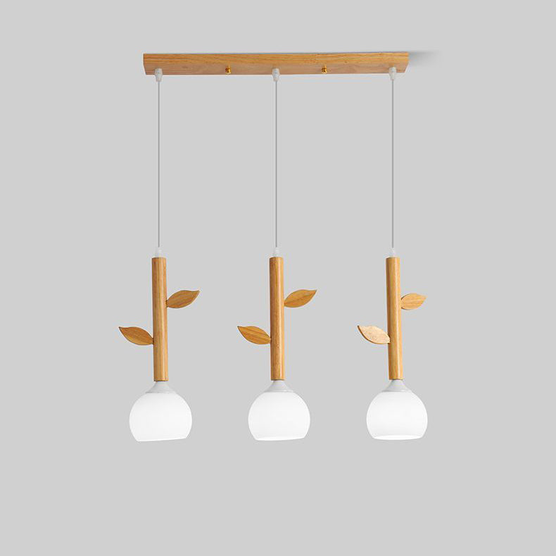 Japanese Branches Leaves Rubber Wood Glass Iron Chandelier