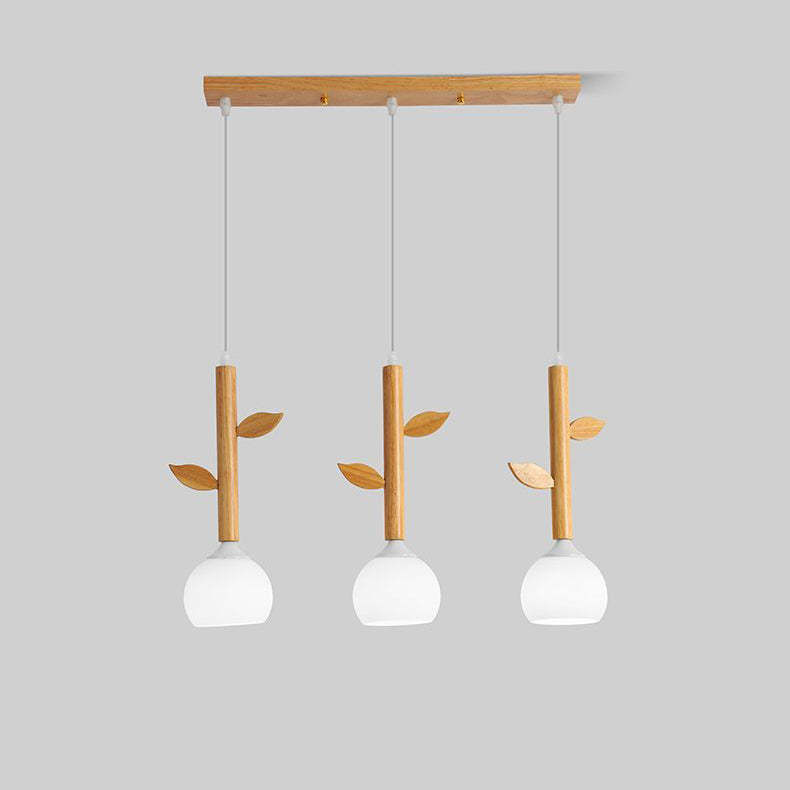 Japanese Branches Leaves Rubber Wood Glass Iron Chandelier