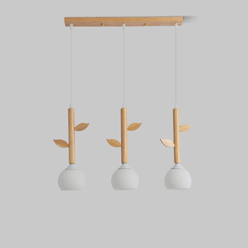 Japanese Branches Leaves Rubber Wood Glass Iron Chandelier