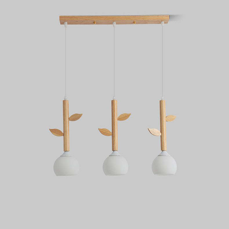 Japanese Branches Leaves Rubber Wood Glass Iron Chandelier