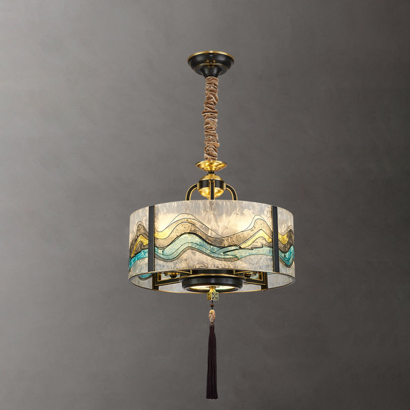 Chinese Round Enamel Copper Glass Chandelier