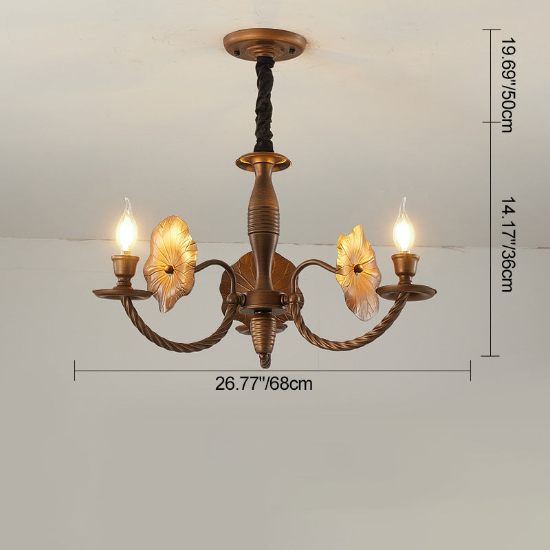 French Petunia Curved Branch Copper Glass Chandelier