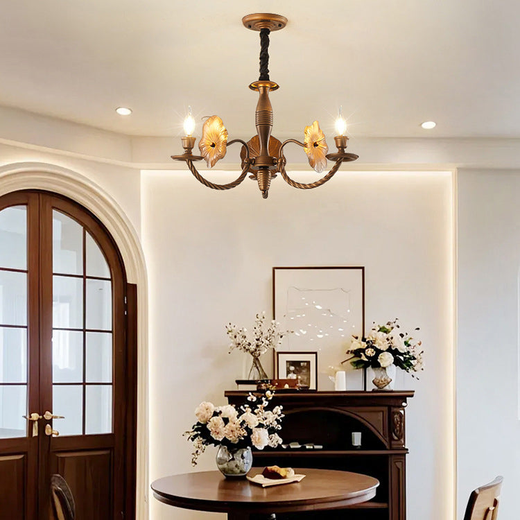 French Petunia Curved Branch Copper Glass Chandelier
